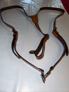 Brown Leather ? Suspenders Heavy Duty Adjustable Buckle copper CLIP ENDS One Sz